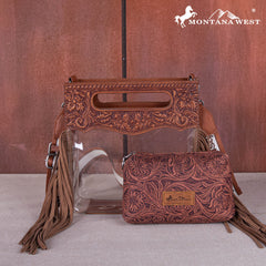 MW1251  Montana West Western Fringe Stadium Clear Crossbody Bag with Detachable Pouch - Brown