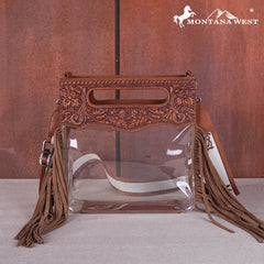 MW1251  Montana West Western Fringe Stadium Clear Crossbody Bag with Detachable Pouch - Brown
