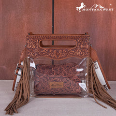 MW1251  Montana West Western Fringe Stadium Clear Crossbody Bag with Detachable Pouch - Brown