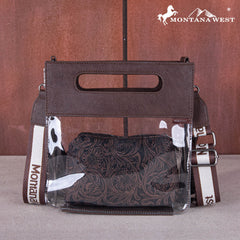 MW1251 -199  Montana West Western Fringe Stadium Clear Crossbody Bag with Detachable Pouch - Coffee