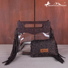 MW1251 -199  Montana West Western Fringe Stadium Clear Crossbody Bag with Detachable Pouch - Coffee