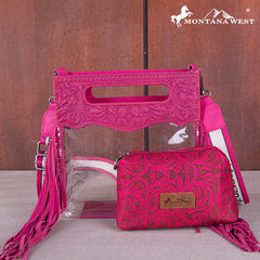 MW1251-199  Montana West Western Fringe Stadium Clear Crossbody Bag with Detachable Pouch - Hot Pink