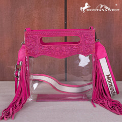 MW1251-199  Montana West Western Fringe Stadium Clear Crossbody Bag with Detachable Pouch - Hot Pink