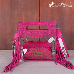 MW1251-199  Montana West Western Fringe Stadium Clear Crossbody Bag with Detachable Pouch - Hot Pink