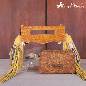 MW1251 -199 Montana West Western Fringe Stadium Clear Crossbody Bag with Detachable Pouch - Mustard