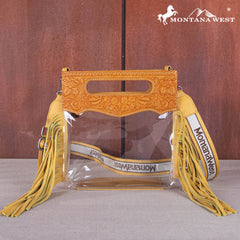 MW1251 -199  Montana West Western Fringe Stadium Clear Crossbody Bag with Detachable Pouch - Mustard