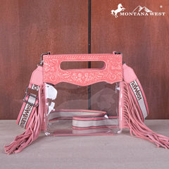 MW1251-199  Montana West Western Fringe Stadium Clear Crossbody Bag with Detachable Pouch - Pink