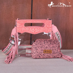 MW1251-199  Montana West Western Fringe Stadium Clear Crossbody Bag with Detachable Pouch - Pink