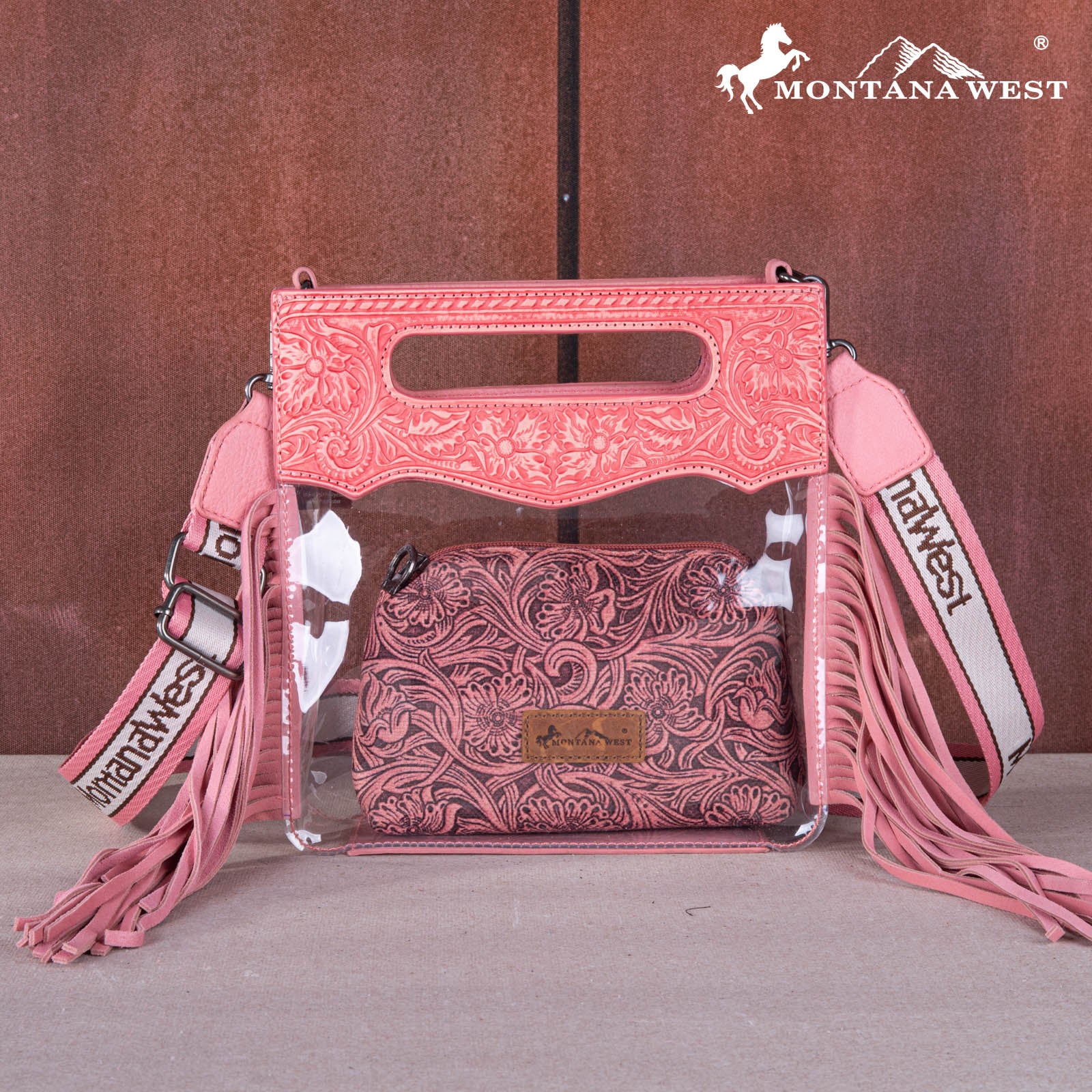 Montana West Western Floral Pattern Tote Handbag With Fringe - Vintage Style, Top Zipper Closure