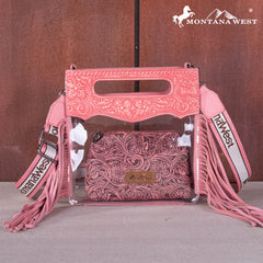MW1251-199  Montana West Western Fringe Stadium Clear Crossbody Bag with Detachable Pouch - Pink