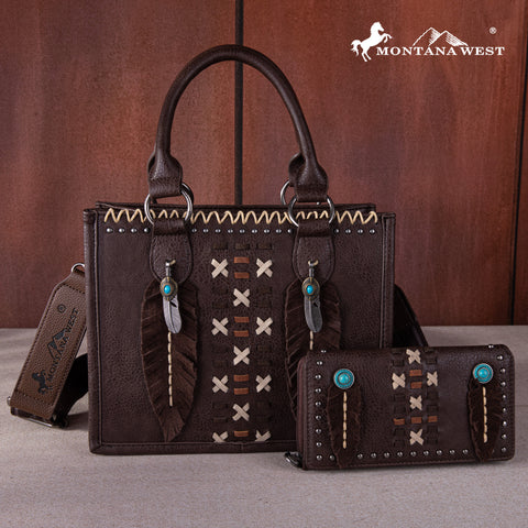 MW1259-8120 Montana West Feather Tote Wallet Set- Coffee