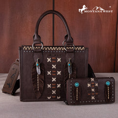 MW1259-8120 Montana West Feather Tote Wallet Set- Coffee