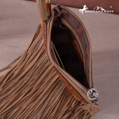 MW1262-A181 Montana West Floral Tooled Fringe Ring Handle Wristlet Clutch Bag