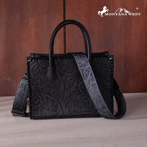 MW1267-8120S   Montana West Embossed Floral Tote/Crossbody - Black