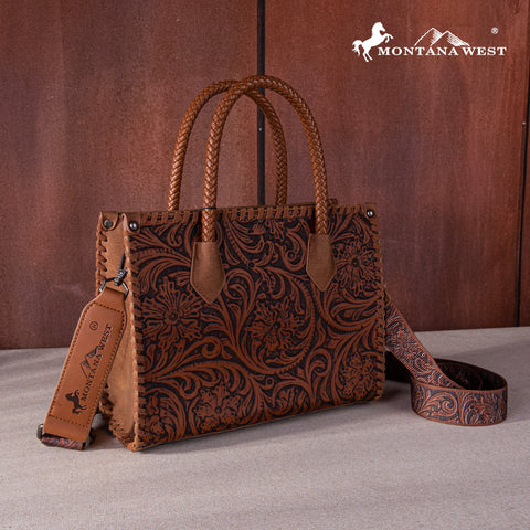 MW1267-8120S   Montana West Embossed Floral Tote/Crossbody - Brown