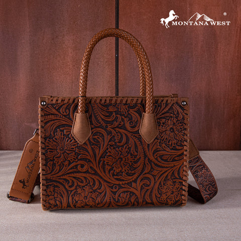 MW1267-8120S   Montana West Embossed Floral Tote/Crossbody - Brown
