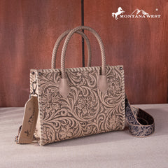 MW1267-8120S   Montana West Embossed Floral Tote/Crossbody - Tan