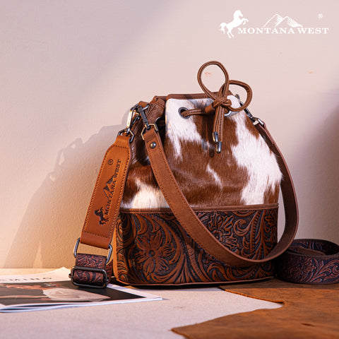 MW1275-8360 Montana West Cowhide Tooled Bucket Shoulder/Crossbody
