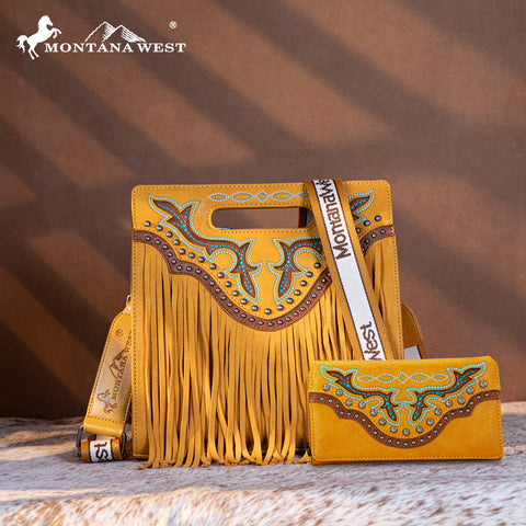 MW1281G-9360WMST  Montana West Fringe Embroidered Concealed Carry Tote/Crossbody Wallet Set-Mustard