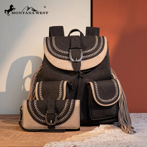 MW1289-9110WBK  Montana West Fringe Buckle Collection Backpack Wallet Set-Black