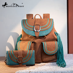 MW1289-9110WBR  Montana West Fringe Buckle Collection Backpack Wallet Set- Brown