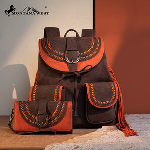MW1289-9110WCF Montana West Fringe Buckle Collection Backpack Wallet Set - Coffee