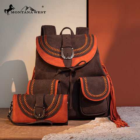 MW1289-9110WCF  Montana West Fringe Buckle Collection Backpack Wallet Set- Coffee
