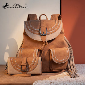 MW1289-9110WTN Montana West Fringe Buckle Collection Backpack Wallet Set - Tan