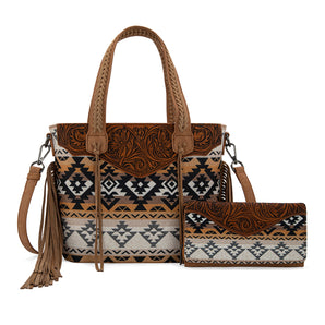 MW1295G-8313W Montana West Tooled Aztec Tote/Crossbody with Wallet Set - Tan