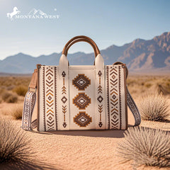 MW1333-8113 Montana West Aztec Retro Arrows Dual Sided Print Large Tote/Crossbody-Beige