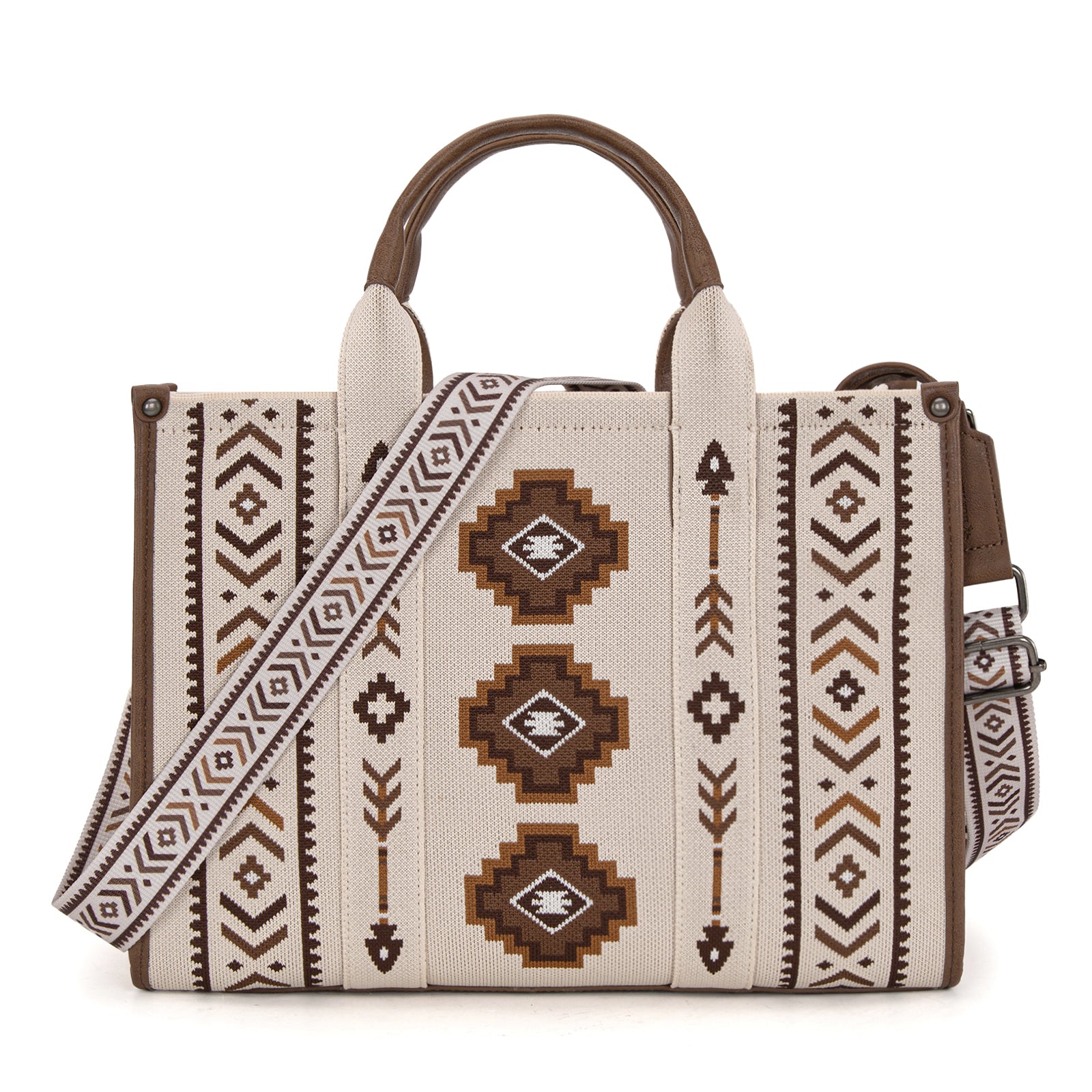 MW1333-8113 Montana West Aztec Retro Arrows Dual Sided Print Large Tote/Crossbody-Beige