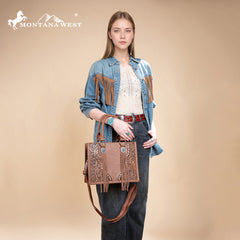 MW1339-2002  Montana West Tooled Concho Tote/Crossbody -Brown