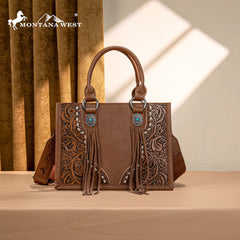 MW1339-2002  Montana West Tooled Concho Tote/Crossbody -Brown