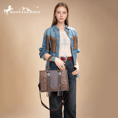 MW1339-2002  Montana West Tooled Concho Tote/Crossbody -Coffee