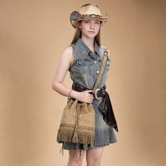 MW1341-8311 Montana West Boot Stitch Fringe Drawstring Crossbody Bag