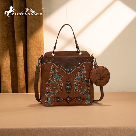 MW1344-8319 Montana West Embroidered Boot Scroll Top Handle Crossbody With Coin Pouch