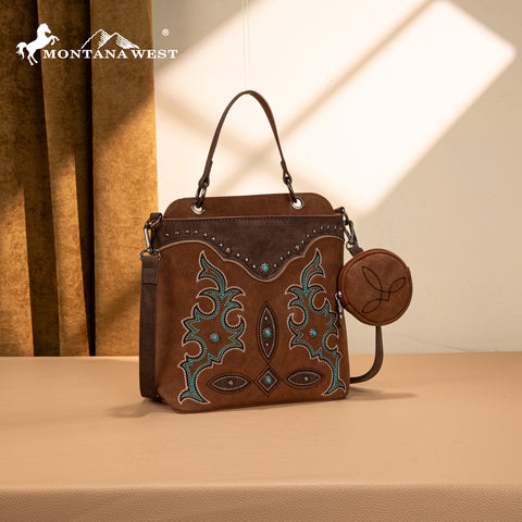 MW1344-8319 Montana West Embroidered Boot Scroll Top Handle Crossbody With Coin Pouch