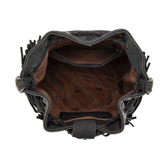 MW1349-8311 Montana West Hair-On Cowhide Drawstring Crossbody Bucket Bag - Black