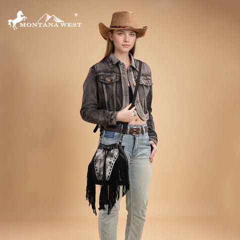 MW1349-8311 Montana West Hair-On Cowhide Drawstring Crossbody Bucket Bag - Black