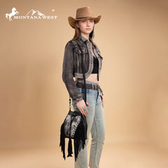 MW1349-8311 Montana West Hair-On Cowhide Drawstring Crossbody Bucket Bag - Black