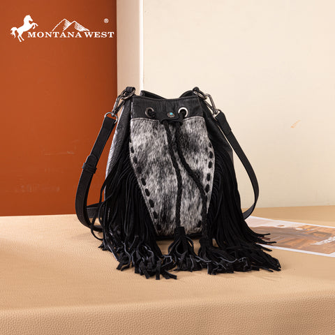 MW1349-8311 Montana West Hair-On Cowhide Drawstring Crossbody Bucket Bag - Black