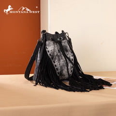 MW1349-8311 Montana West Hair-On Cowhide Drawstring Crossbody Bucket Bag - Black