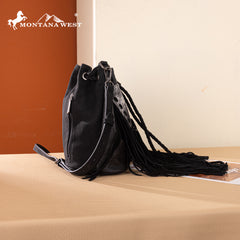 MW1349-8311 Montana West Hair-On Cowhide Drawstring Crossbody Bucket Bag - Black