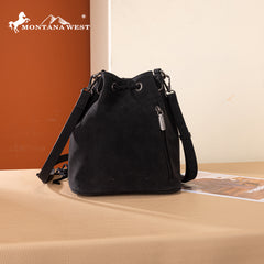 MW1349-8311 Montana West Hair-On Cowhide Drawstring Crossbody Bucket Bag - Black