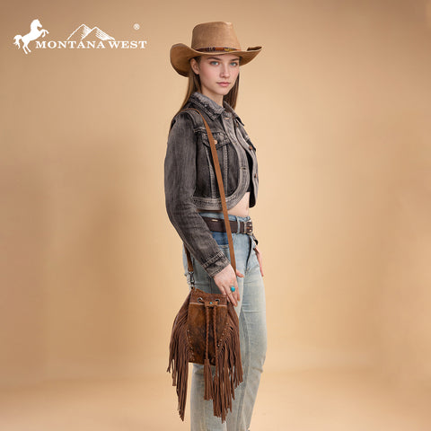 MW1349-8311 Montana West Hair-On Cowhide Drawstring Crossbody Bucket Bag - Brown