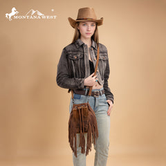 MW1349-8311 Montana West Hair-On Cowhide Drawstring Crossbody Bucket Bag - Brown
