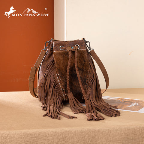 MW1349-8311 Montana West Hair-On Cowhide Drawstring Crossbody Bucket Bag - Brown