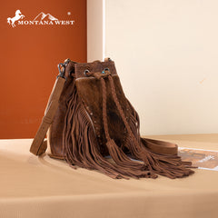 MW1349-8311 Montana West Hair-On Cowhide Drawstring Crossbody Bucket Bag - Brown