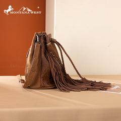 MW1349-8311 Montana West Hair-On Cowhide Drawstring Crossbody Bucket Bag - Brown
