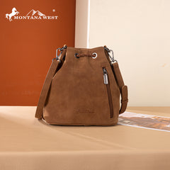 MW1349-8311 Montana West Hair-On Cowhide Drawstring Crossbody Bucket Bag - Brown